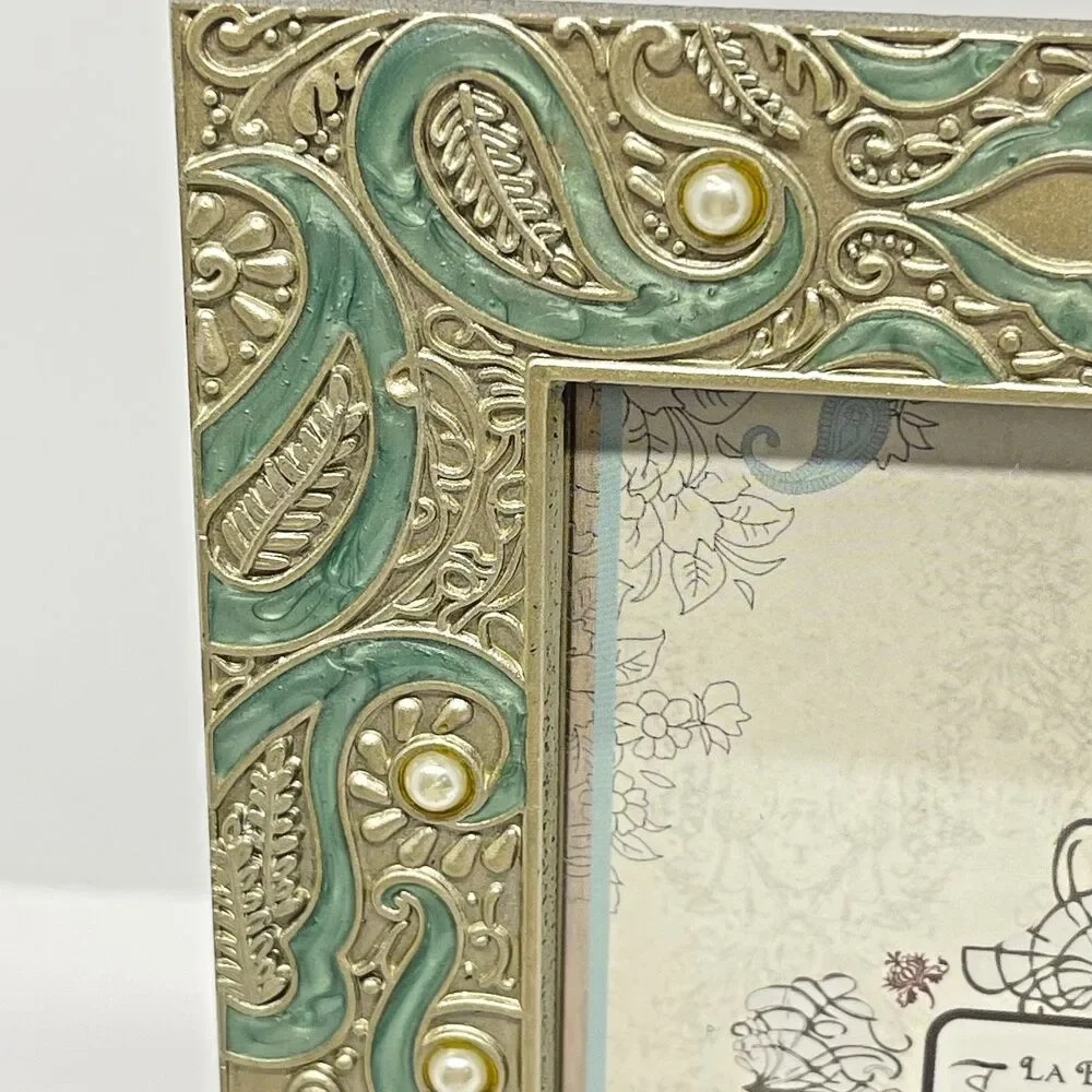 Sheffield Home set of (2) 4x6 Pewter Picture Frames-Ornate/Jeweled-Green & Gold